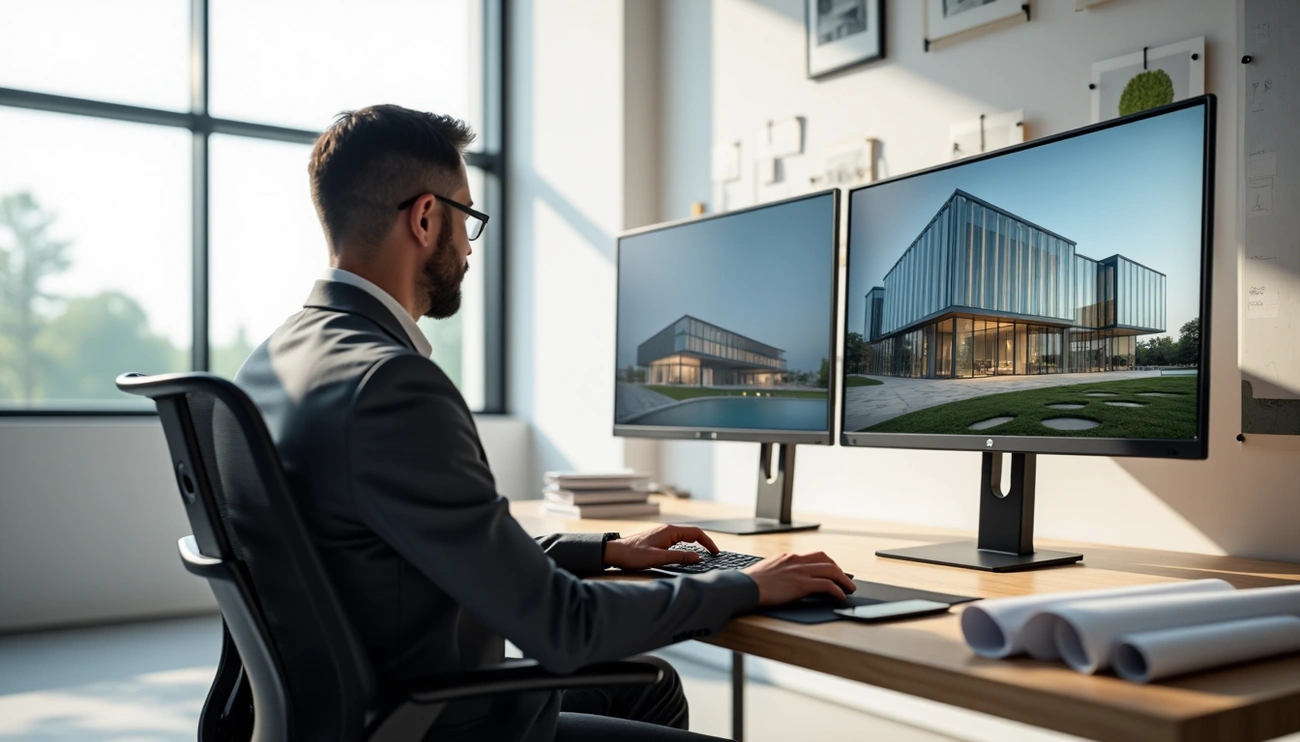 Architect at a desk reviewing AI-generated exterior renders of a glass and timber pavilion on two monitors