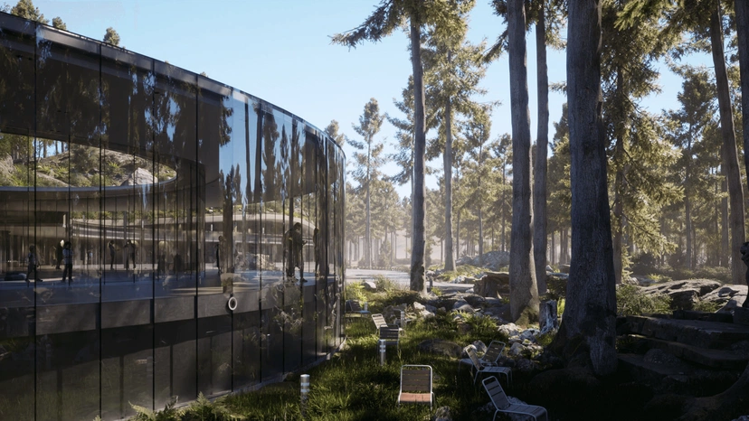 Real-time render of a curved glazed building among pine trunks, its mirrored facade reflecting the surrounding forest