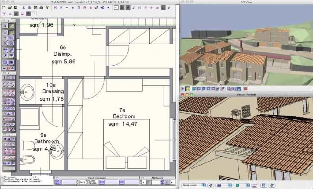 CAD drafting workspace - Dimensioned floor plan with room areas alongside a 3D view and a rendered roof detail