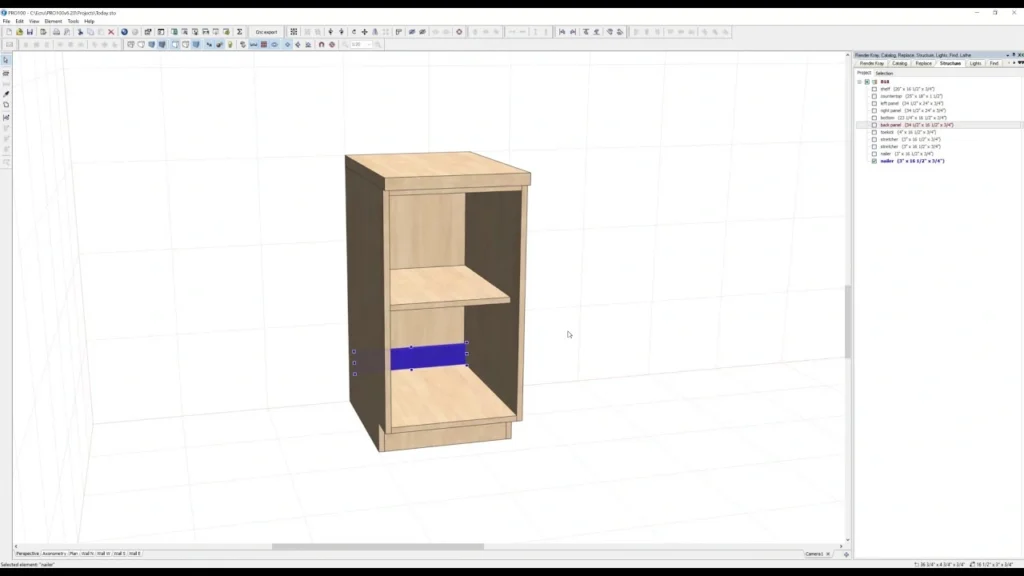 PRO100 furniture design software - Open cabinet carcass in the 3D view with a selected shelf and a parts list of cut components