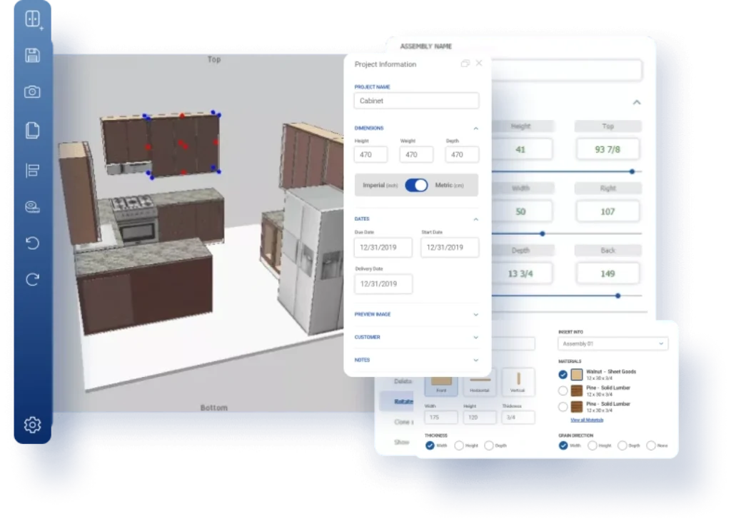 SketchList 3D cabinet design software - Kitchen cabinet run with a project information panel and a walnut sheet-goods material list