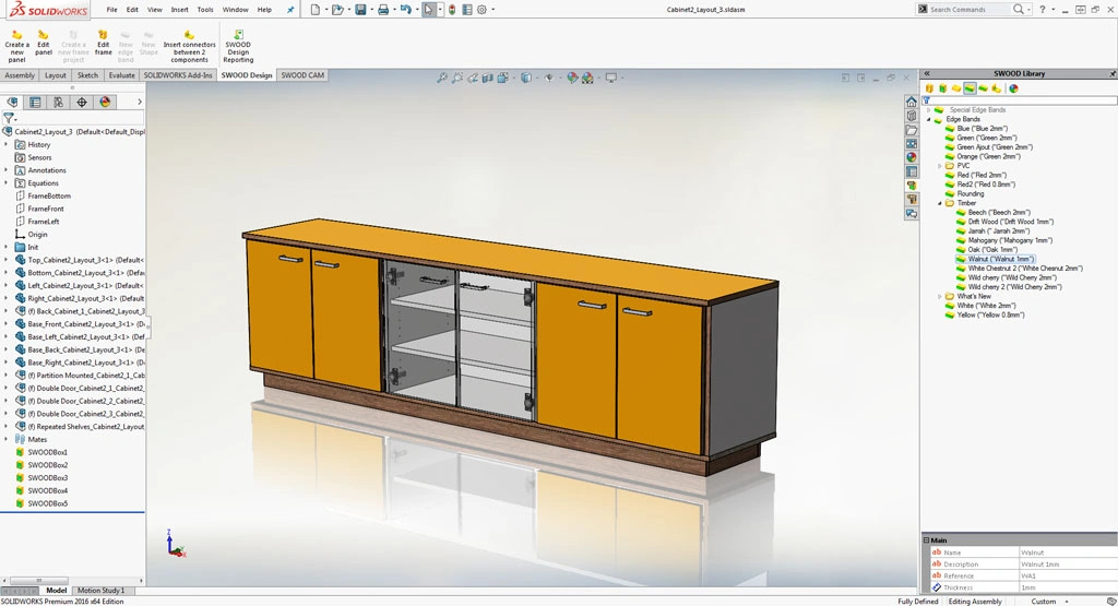SOLIDWORKS with the SWOOD woodworking add-in - Cabinet assembly built from panels with an edge band and timber material library