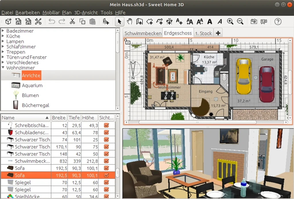 Sweet Home 3D free interior planner - Furniture catalogue and dimensioned floor plan above a live 3D view of the same room