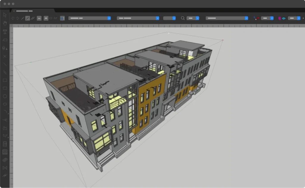 Vectorworks 3D modeling environment - Cutaway view of a multi-storey building showing interior partitions and furniture layout