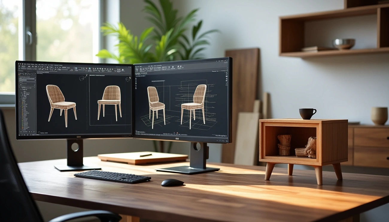 Furniture design software on two monitors showing orthographic views and a dimensioned 3D model of a dining chair, beside a finished wooden side table